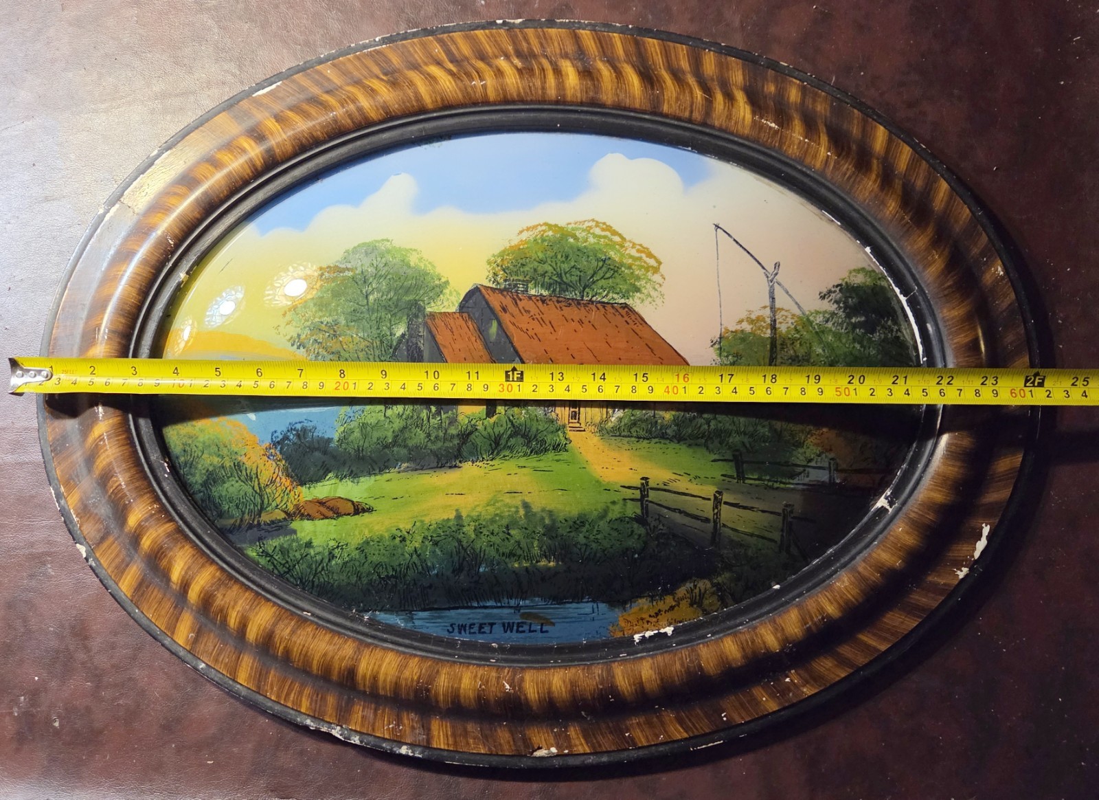 Antique Oval Reverse Painting Bubble Glass Sweet Well Tiger Wood Frame Victorian