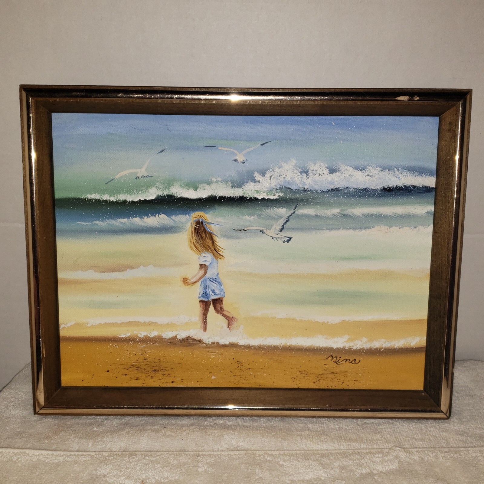 Vintage Seascape Child On Beach Oil Painting Signed Nina Framed 13″X 10”