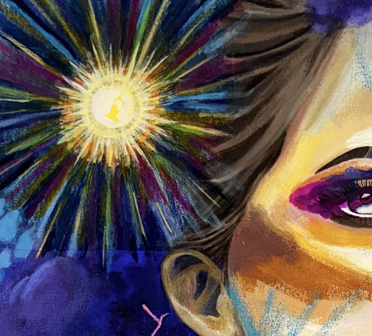 “In Her Element” Acrylic Oil Collage On Canvas 16”x20” Painting Woman Galaxy