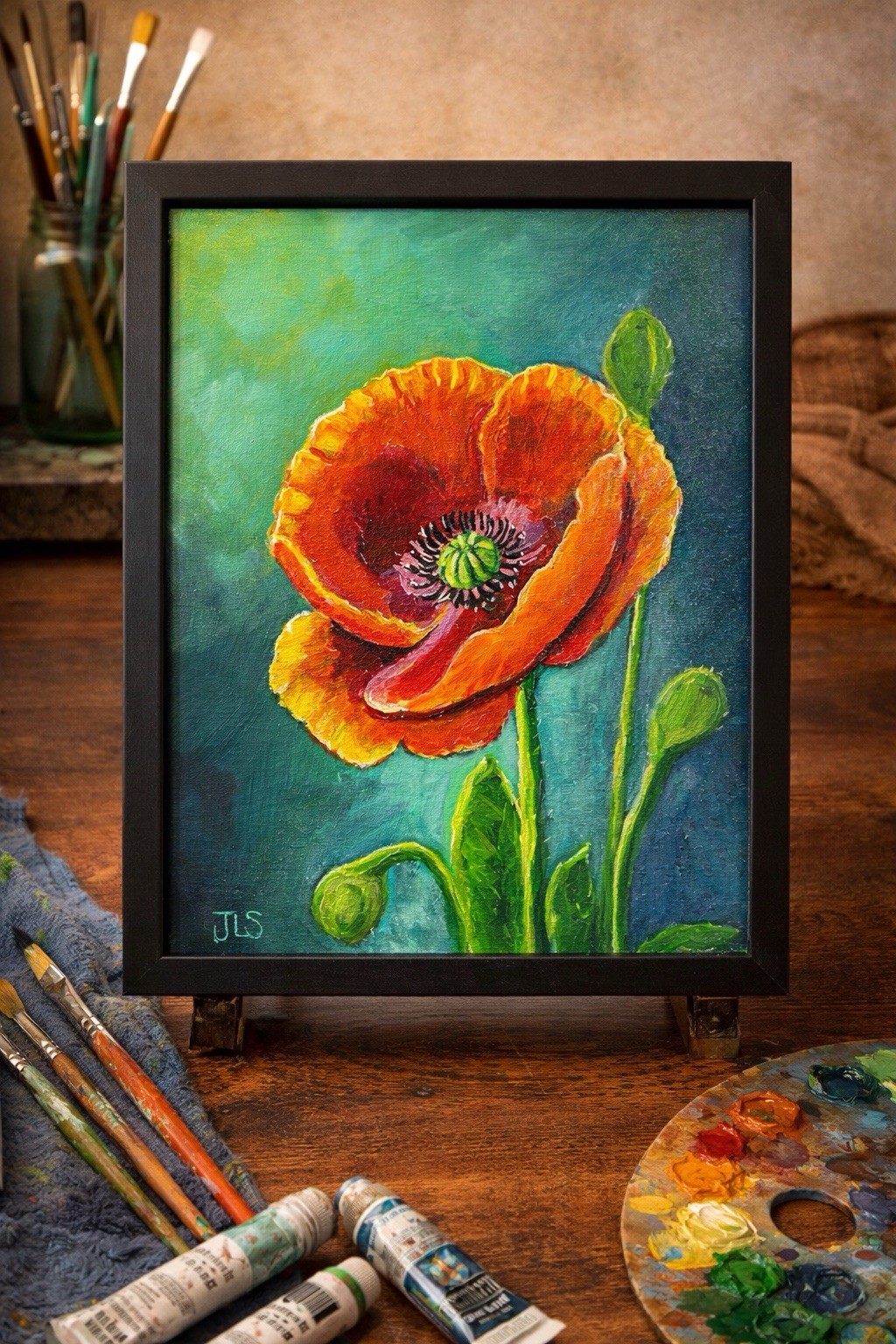 Red Poppy Flower Painting Floral Wall Art Botanical Decor 11×14 Framed