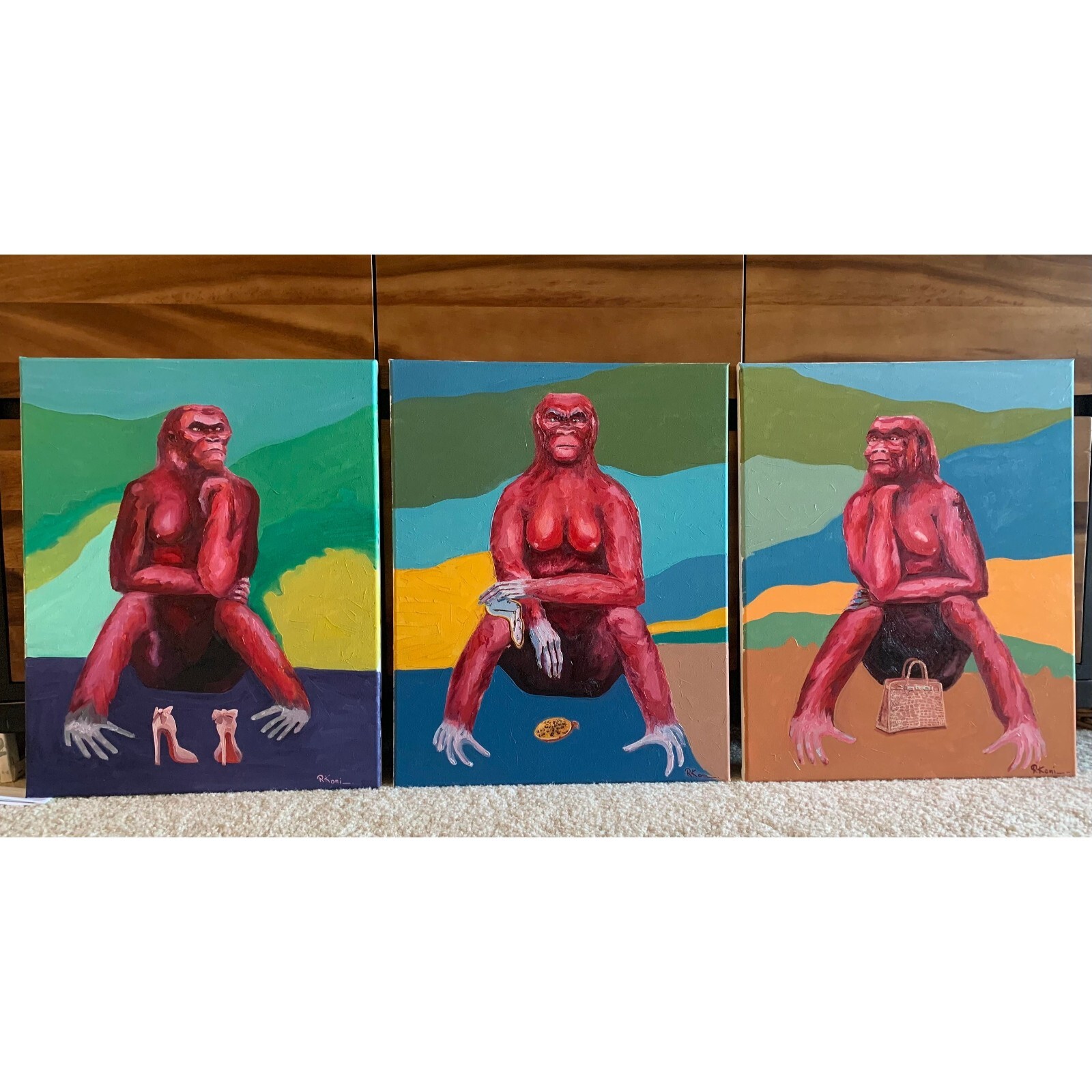 Gorilla Pop Art Oil Painting Original Triptych on Canvas Gorilla Funny Monkey P