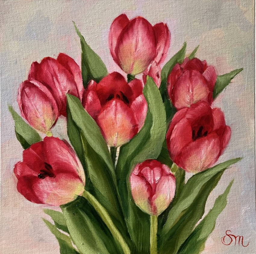 Tulip original oil painting 10×10 in (25x25cm) Realistic red pink flowers