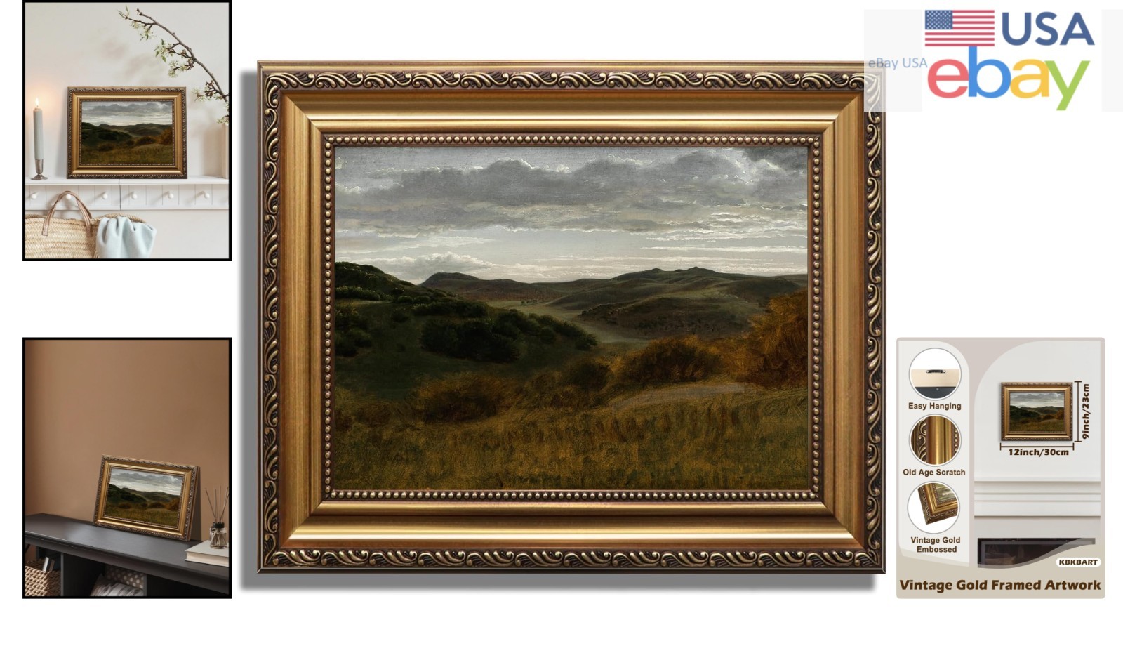 Charming Retro Mountain Landscape Painting in Gold Frame – 9″x12″ Canvas Decor