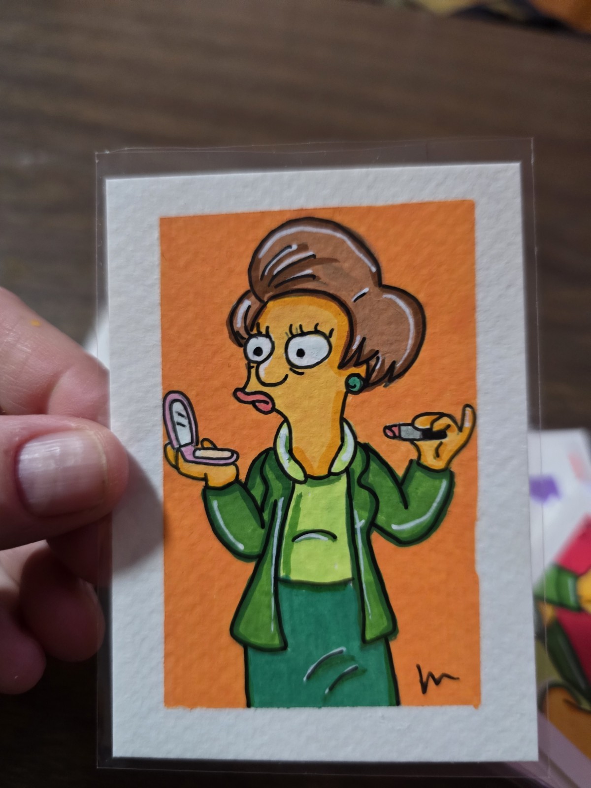 ACEO Original Painting Acrylic The Simpsons Edna Krabapple Teacher Make-up