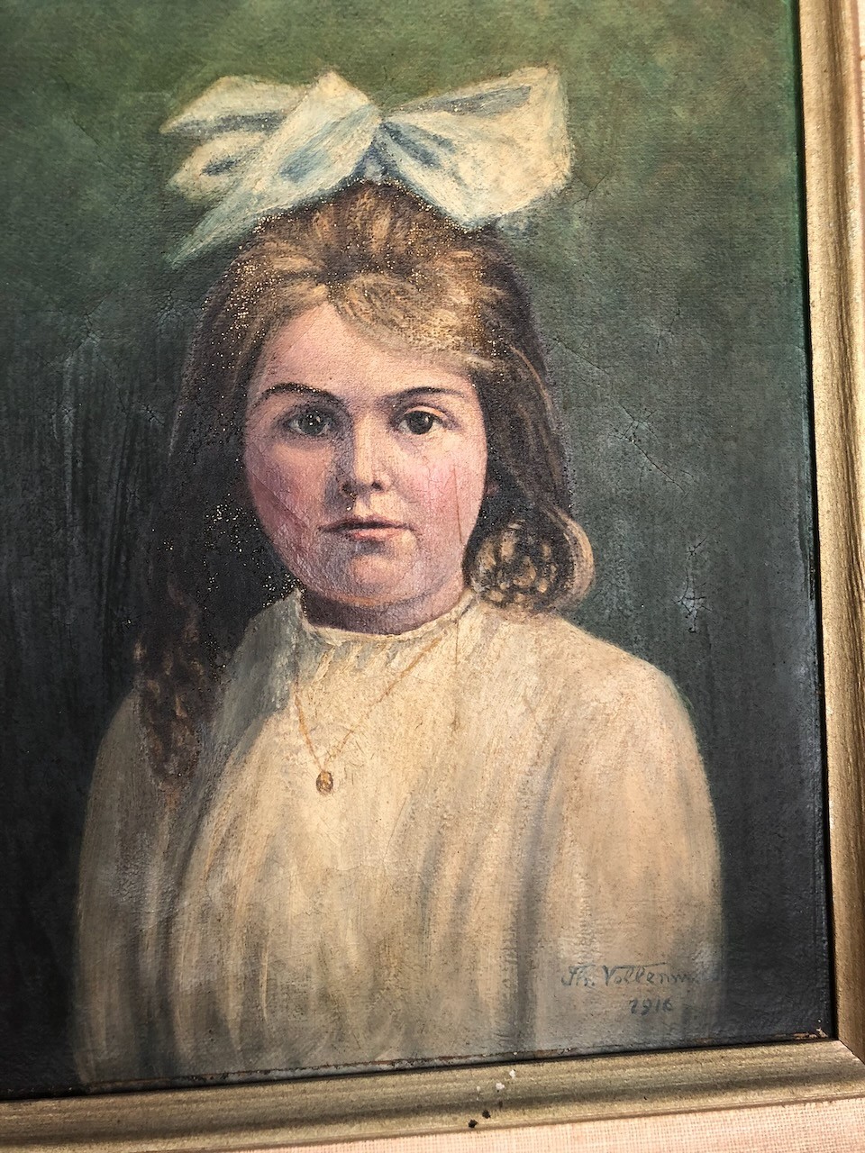 1915 Oil Painting of Little Girl Ribbon in hair Victorian by VOLLENWEIDER #1