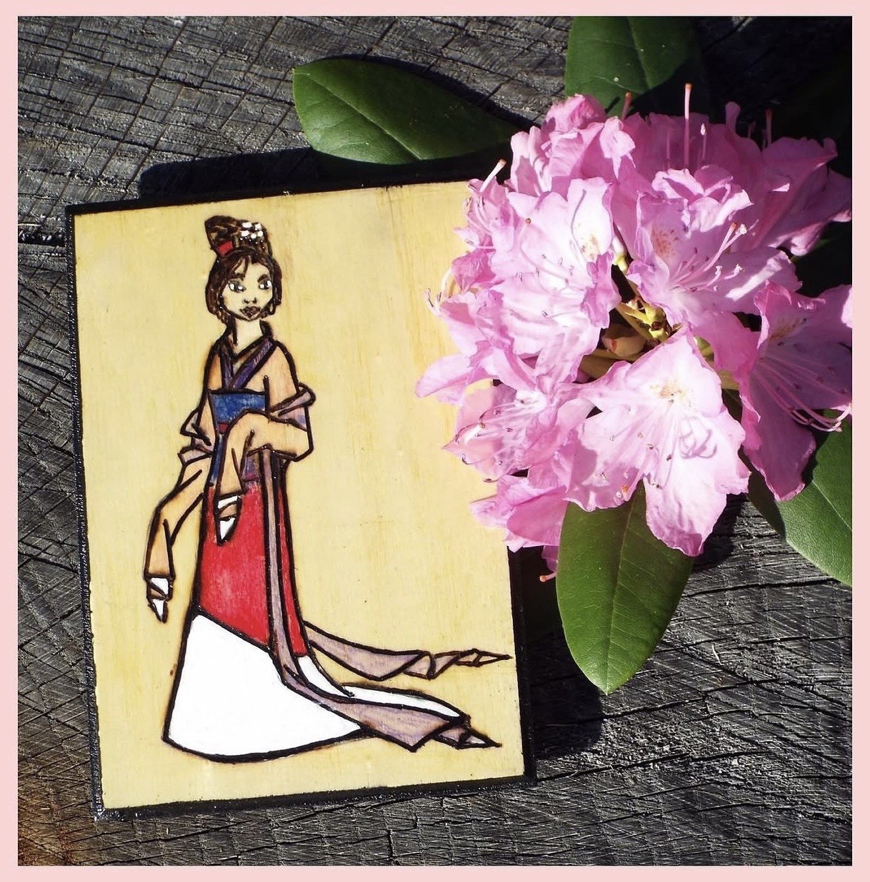 Hand-Painted Mulan Asian Art inspired in Traditional Dres Wood Burn Wall Decor