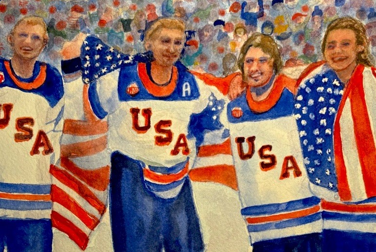 WATERCOLOR ORIGINAL 10×10 Olympic Ice Hockey NHL Sports Americana Decor Wall Art