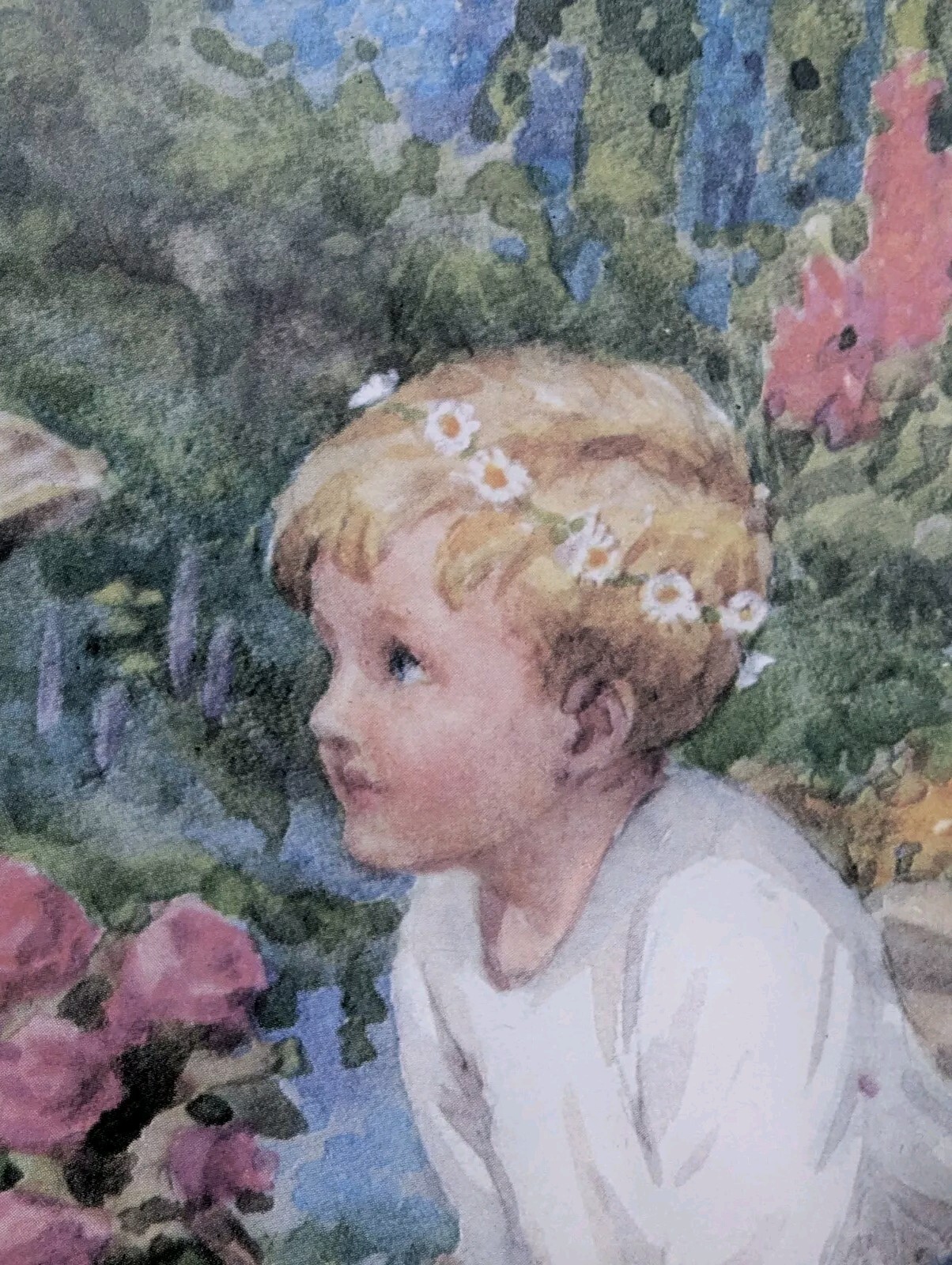 Margaret W. Tarrant, «The Proposal» Watercolor Girl & Boy In Garden 17x 14in