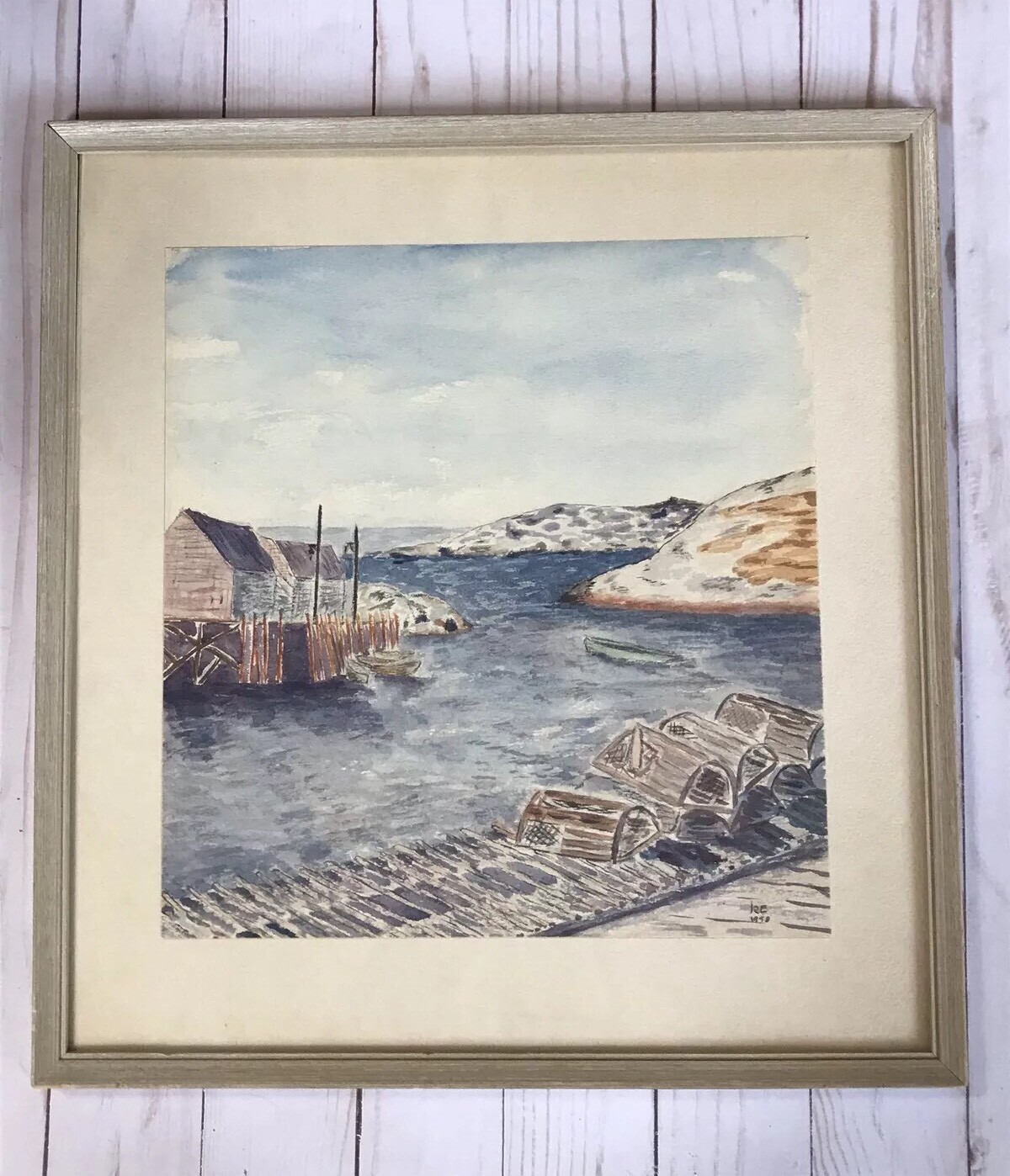 Vtg Mcm Original Painting Watercolor R.E 1958 Alaska Fishing Port Harbor Village