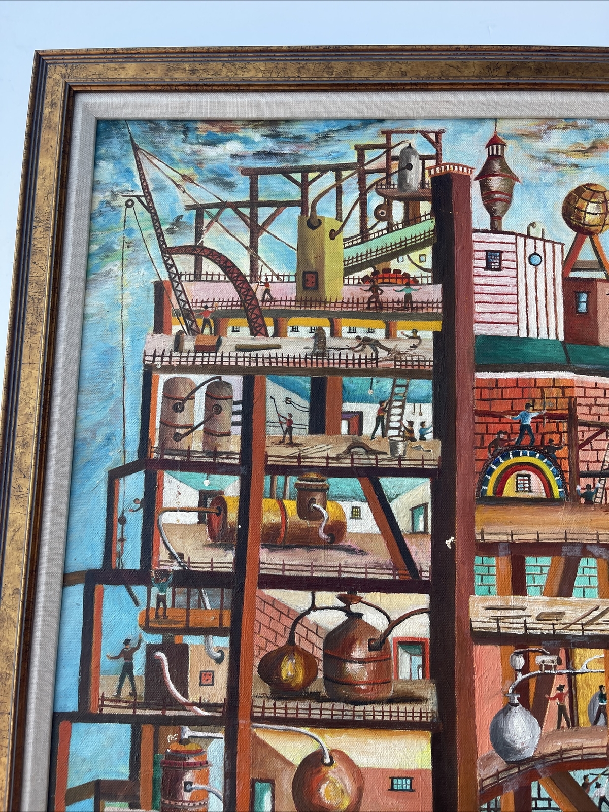 Vintage Industrial Painting Construction Workers Factory Urban Modernism Listed