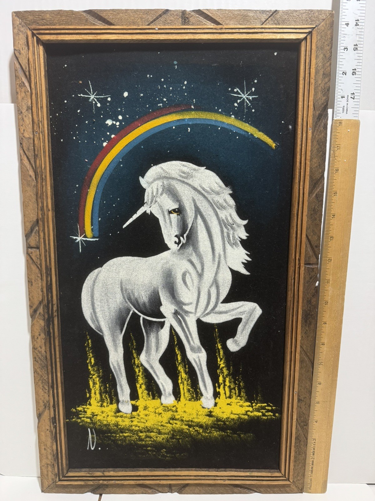 Vintage 1970s BLACK VELVET UNICORN PAINTING FRAMED Art 22×12 3/8