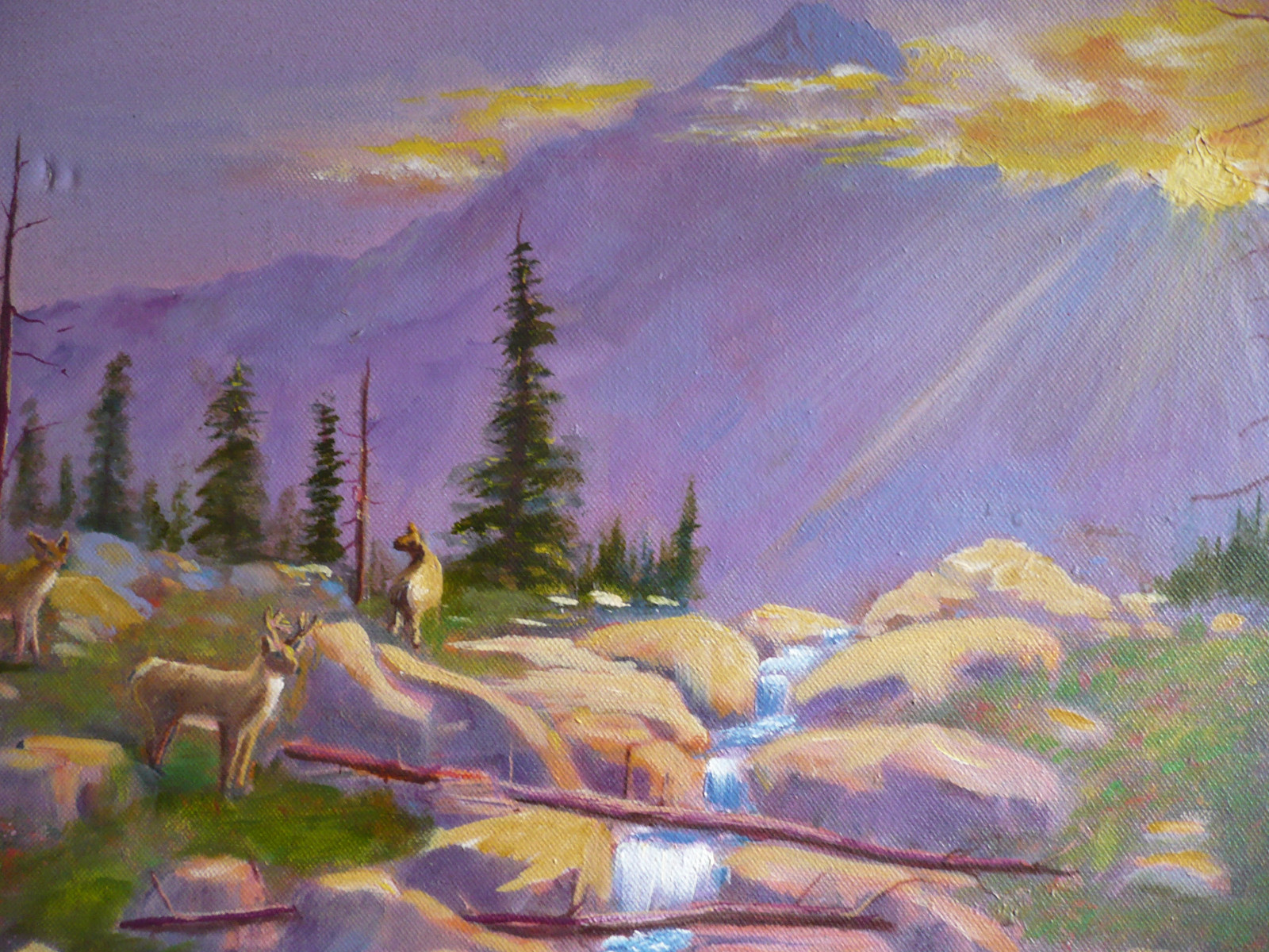 W.E. KNIGHT, Vintage OIL LUMINOUS WESTERN LANDSCAPE w/ DEER and RIVER MOUNTAIN