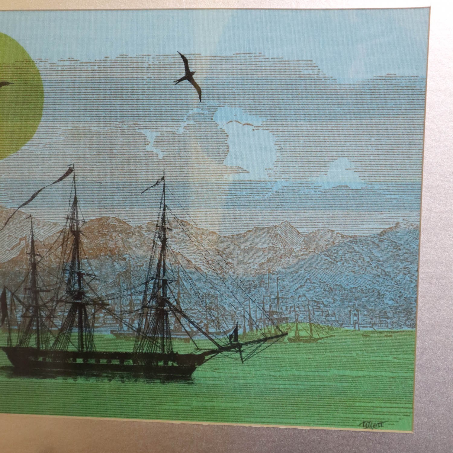 Vtg Jim Tillett Silk Screen on Fabric Framed Art Signed Clipper Ship Seascape