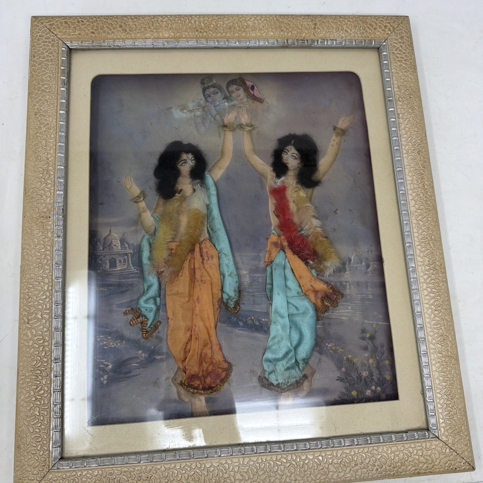 VTG Indian Mixed Media Dancing Women Art Silk Sari Fabric 3D Framed Painting