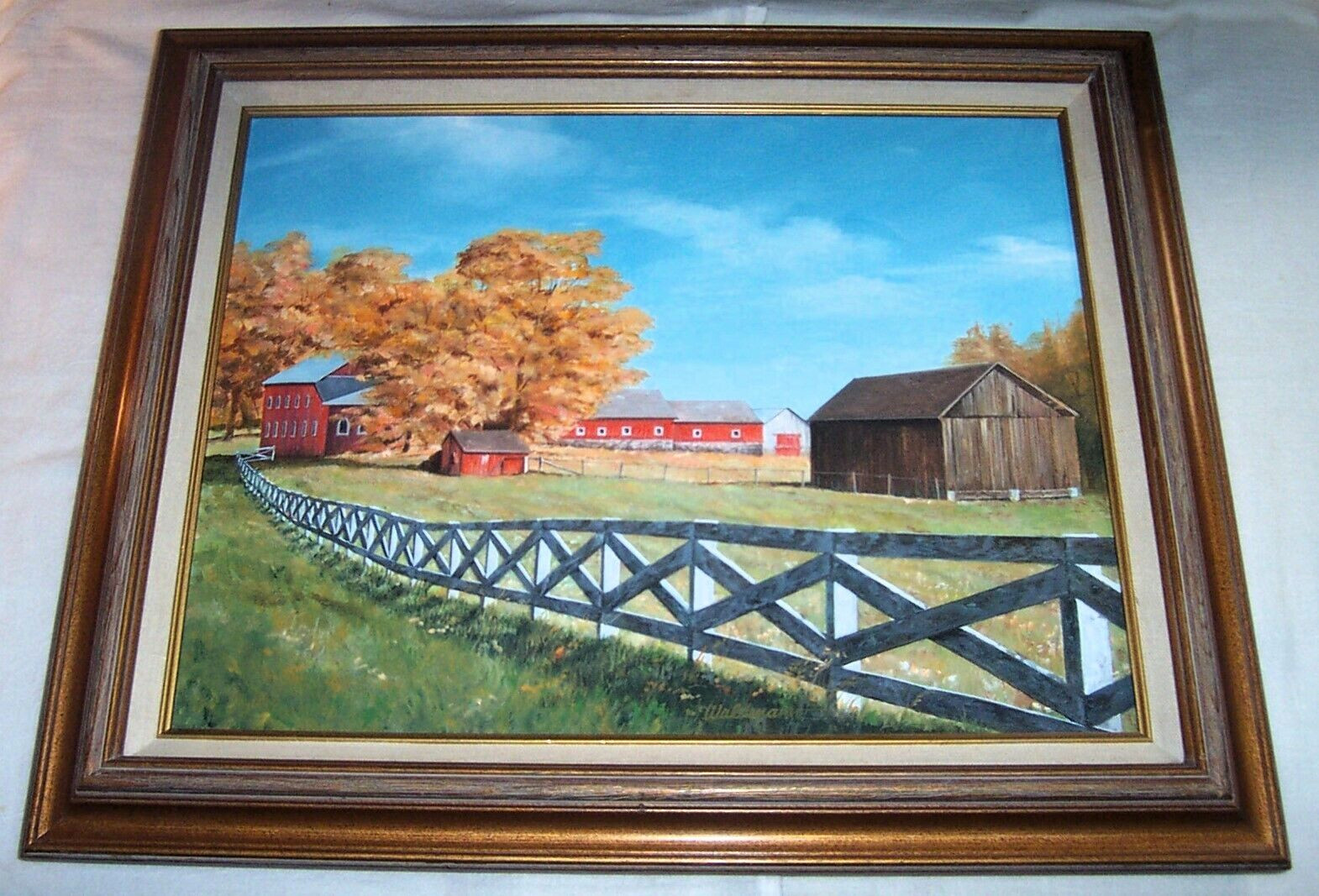 The Family Farm Barn Autumn Country Landscape Signed Canvas Painting Framed
