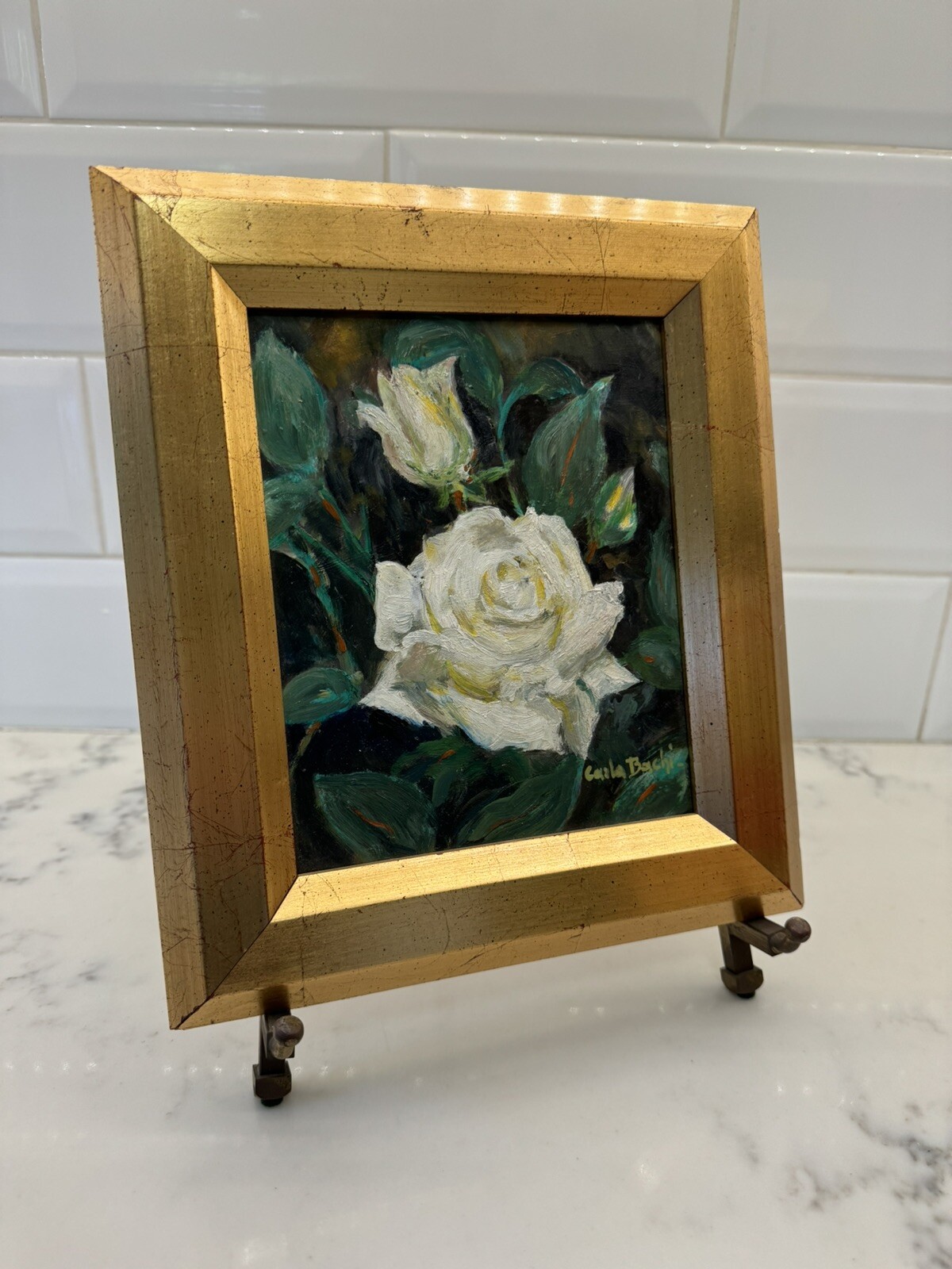 White Rose Original Framed Oil Painting – Signed