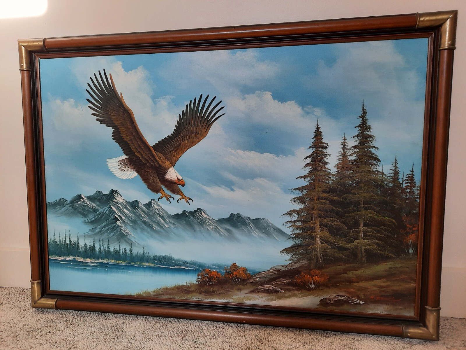 Vintage W. Amadio Signed 24″H x 36″W Eagle in Flight Oil on Canvas