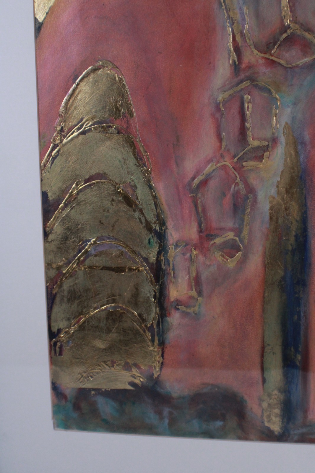 Mid Century Red And Gold Abstract Mixed Media Painting Signed Nail