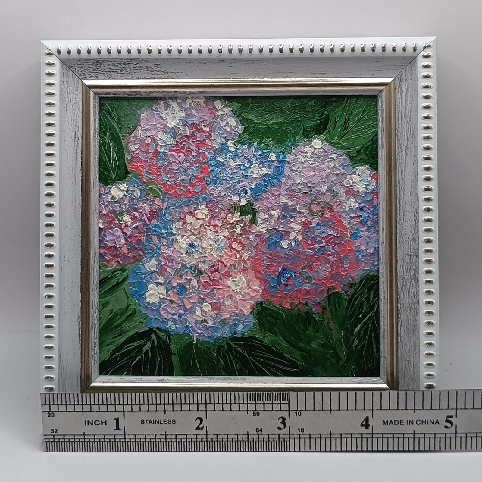 Original Miniature Hydrangea Oil Painting Framed Floral Impasto Art Bloom 4×4