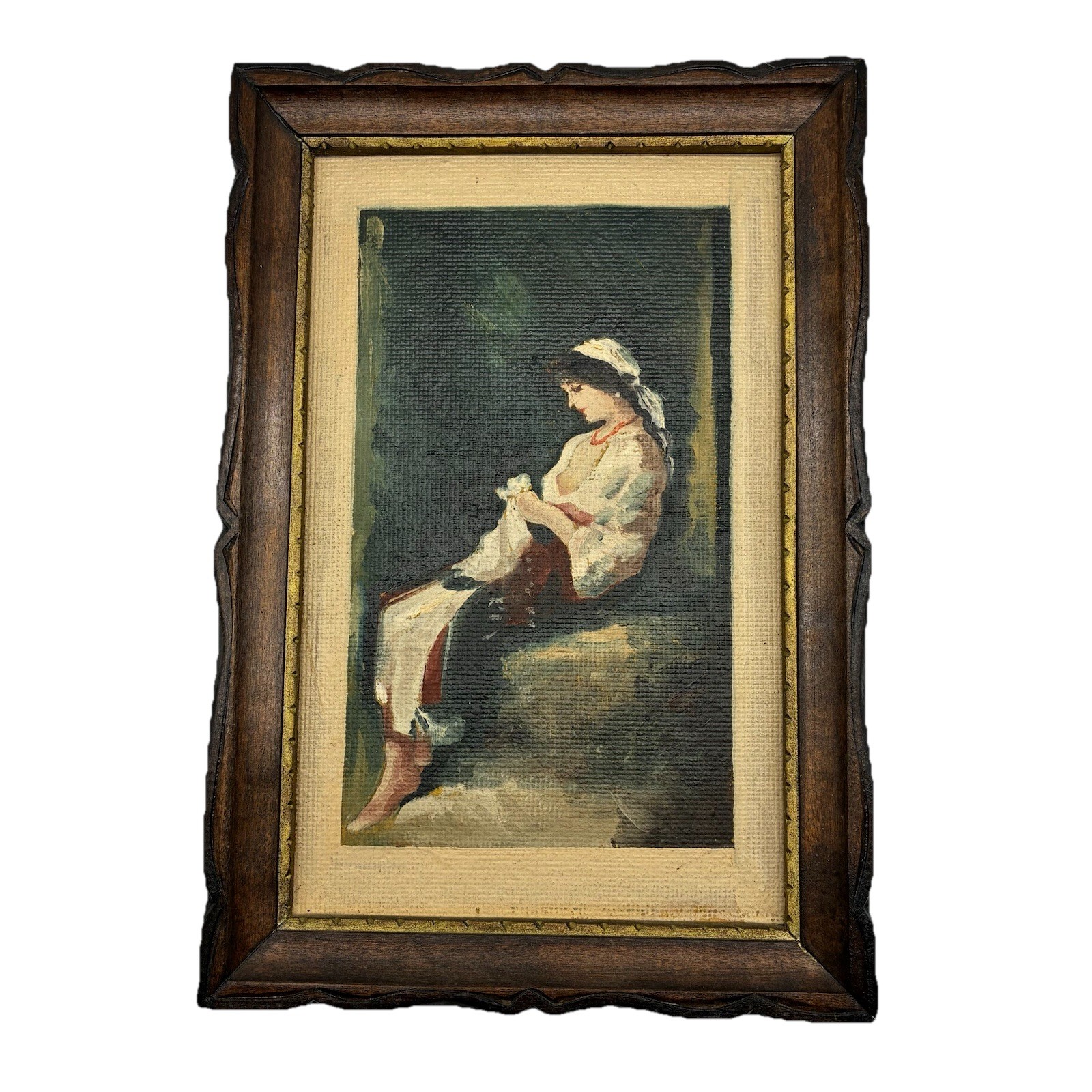 Vintage Hand Painted Oil Painting Woman Sewing Genre Scene Carved Wood Frame
