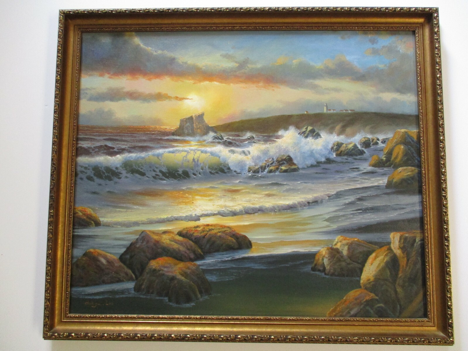 Coastal Sunset Beach Painting Landscape American Vintage Nautical Seascape Oil