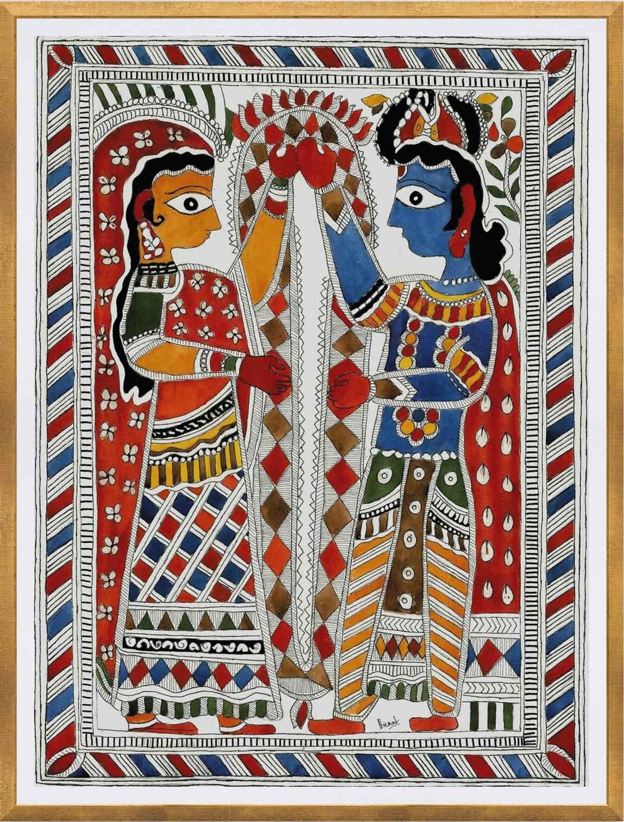 Wedding Garland. Watercolour & Ink. Madhubani Painting. Collectible, Home Decor