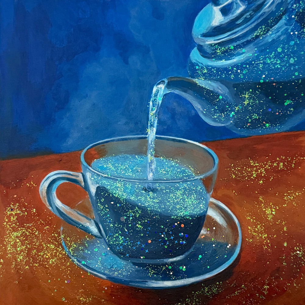 Pouring Tea into Glass Cup Original Acrylic Painting 8×8 on Wood Panel