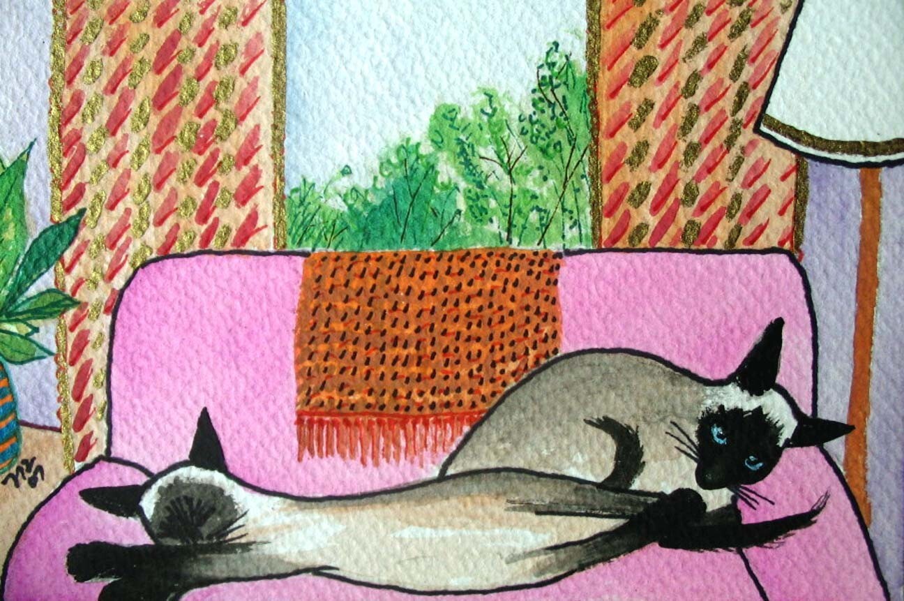 ACEO 2 Siamese sharing a sofa mini art print from Original Watercolor painting