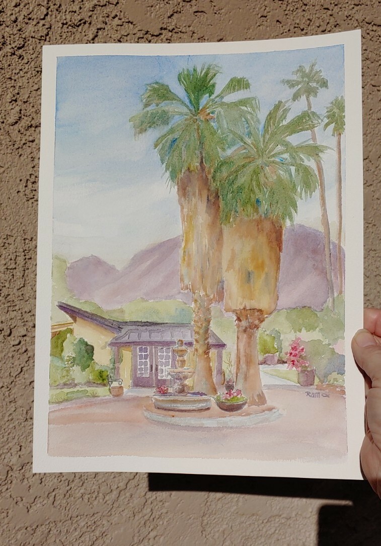 Lavender Bistro Palm Tree Original Watercolor RAMfish Artist La Quinta 9″ X 12″