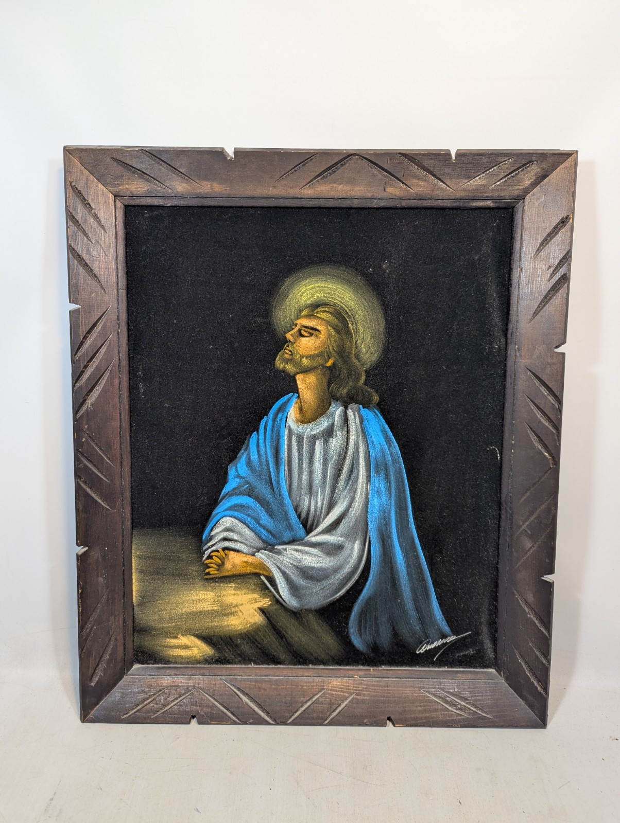 Vintage Black Velvet Jesus Painting 19.5” x 23” Wooden Frame Praying Mexico