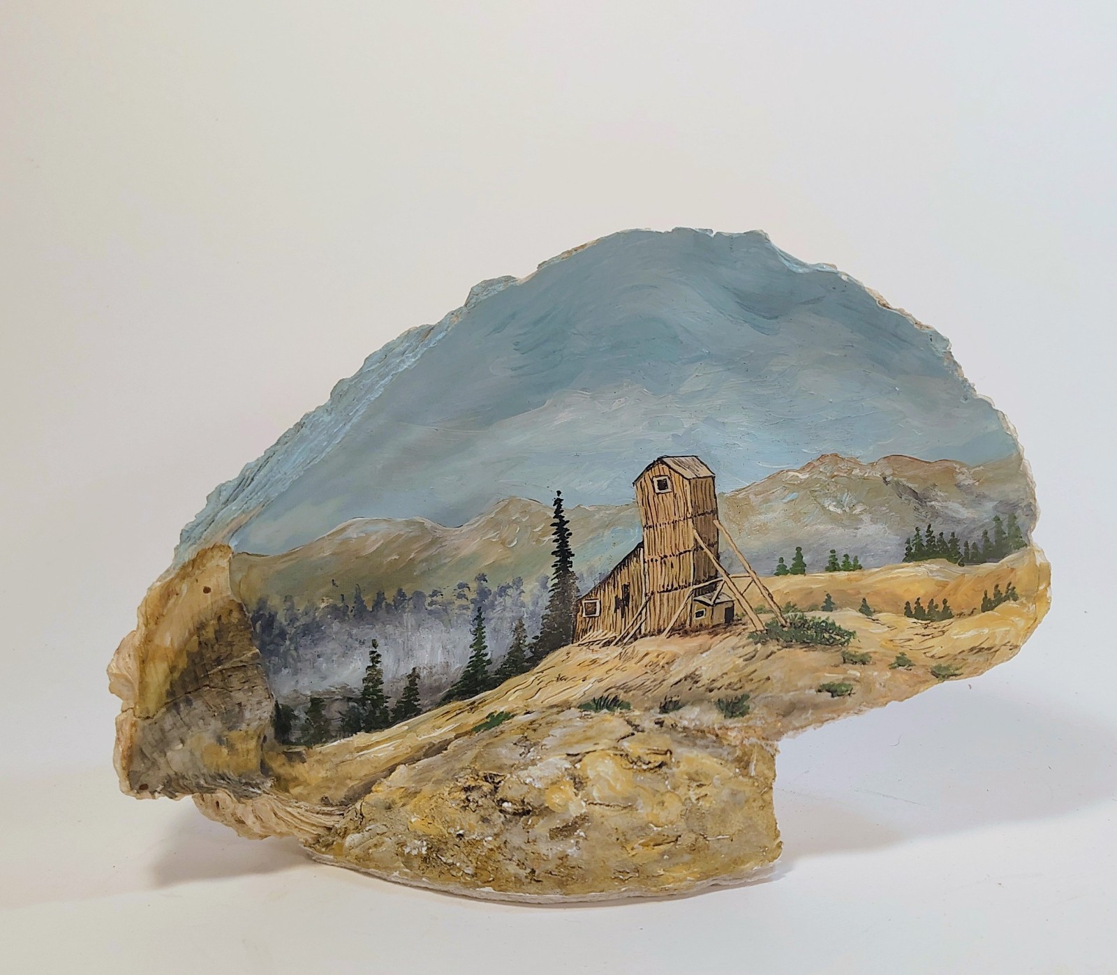 Vtg Miniature Painting of a Mill Mountains inside Fossilized Oyster Shell Signed