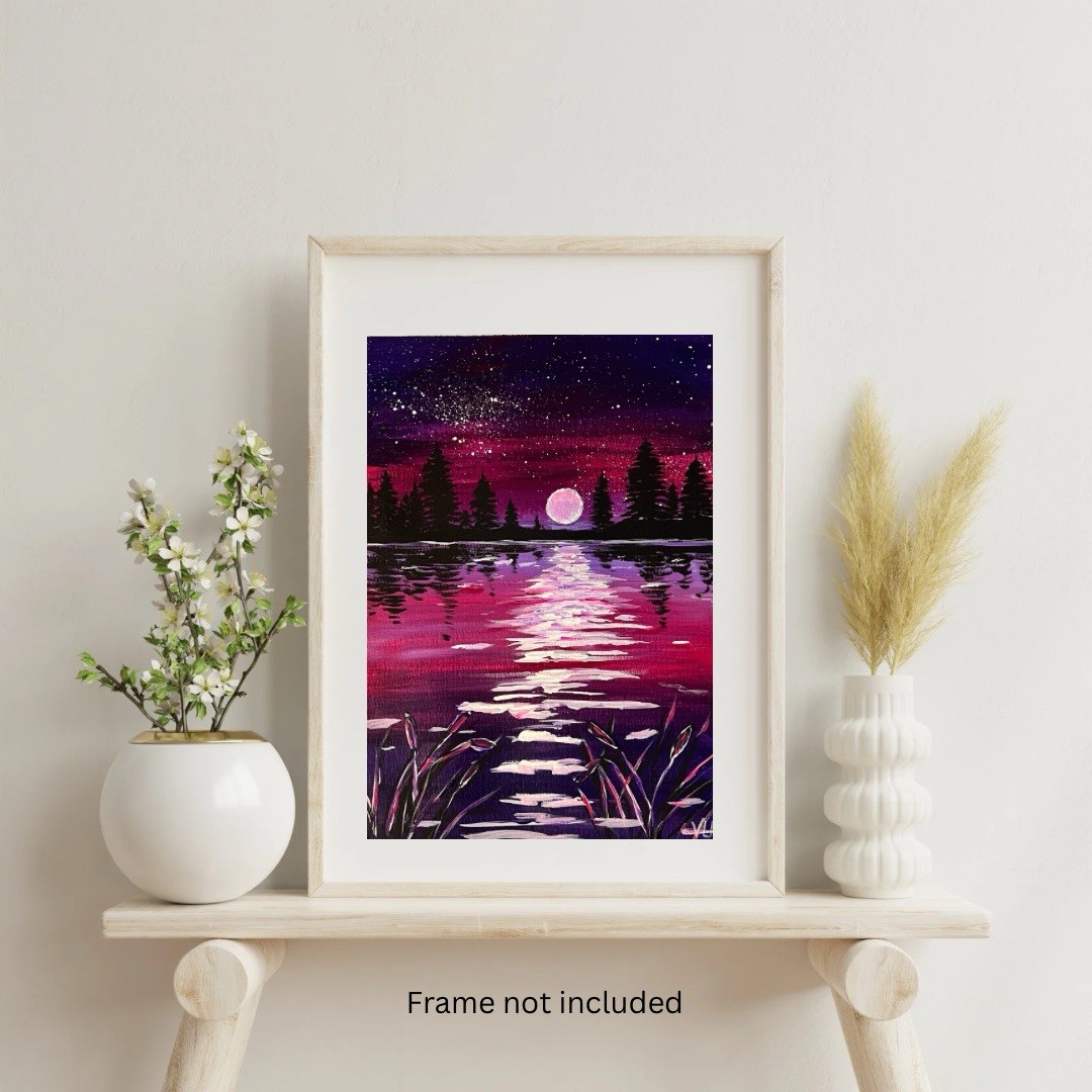 Magenta Night Moon Glow Lake VLP Original Acrylic 9×12 Heavy Paper Signed COA