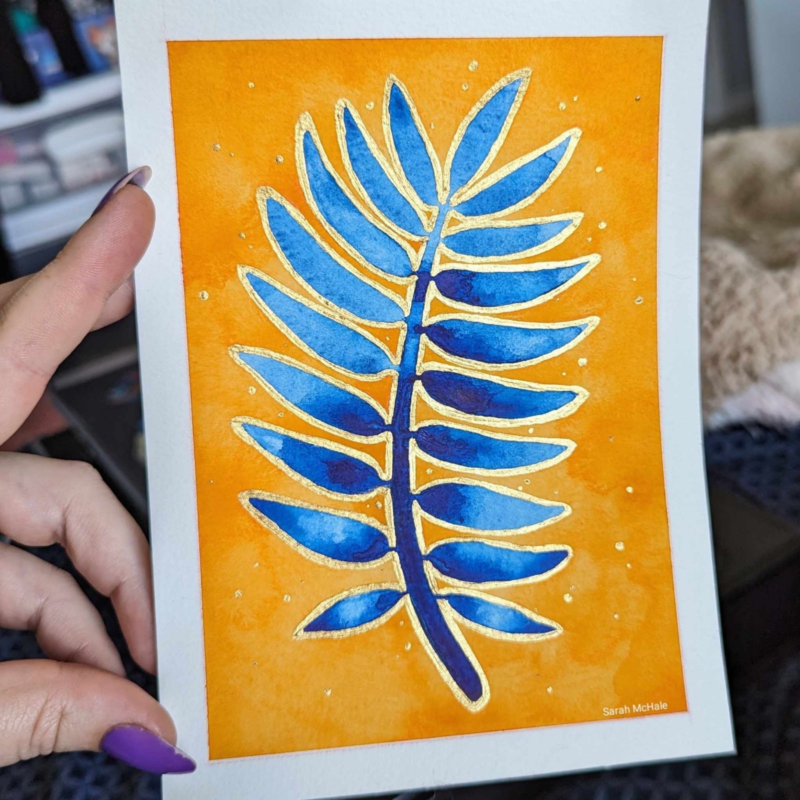 Sarah McHale Abstract Botanical Leaf Watercolor Painting on Orange Background