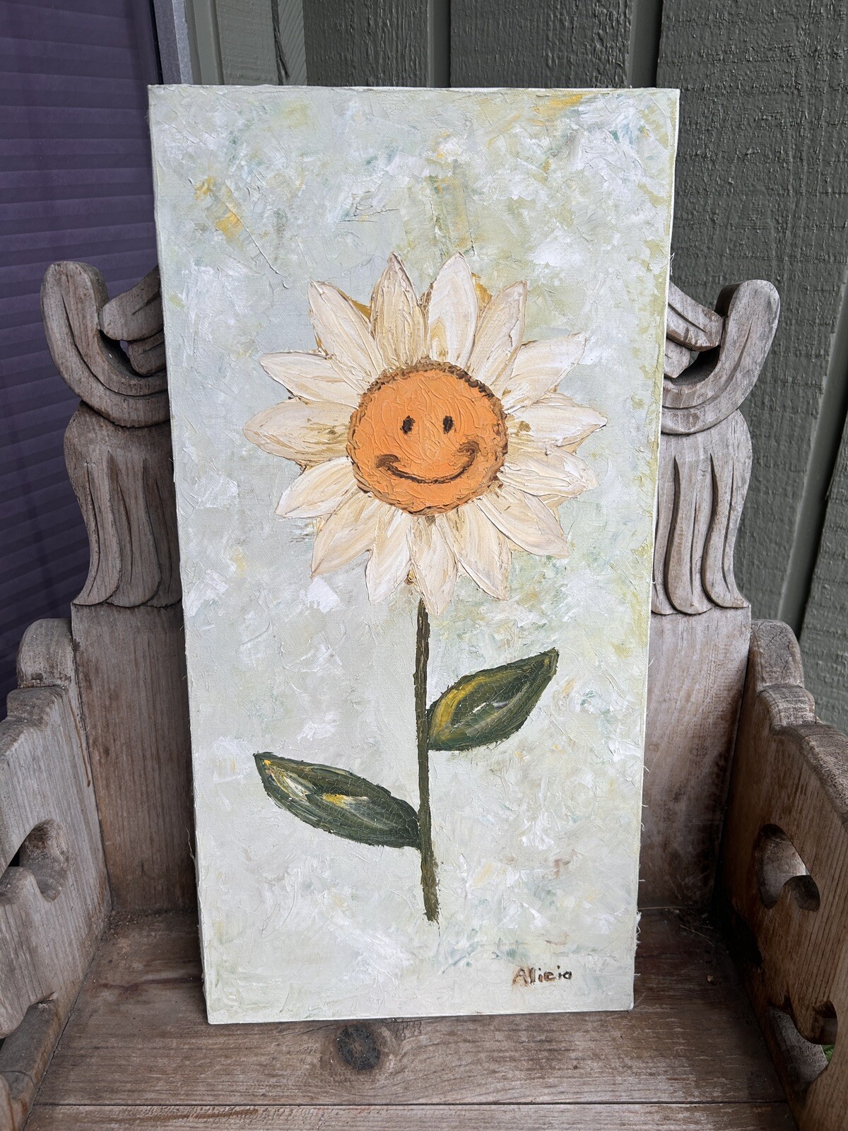 Original Canvas Smiling Daisy Painting Signed Kid Art Child or Sun Room Unframed