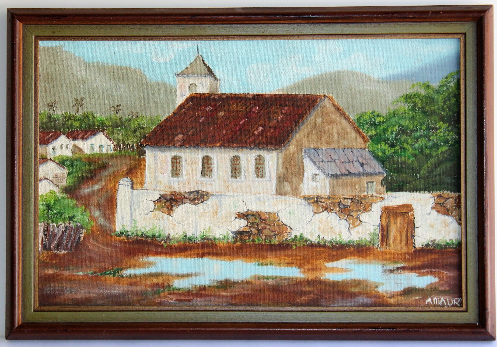 VINTAGE OIL PAINTING ON BOARD SIGNED AMAURY FOLK ART COUNTRYSIDE VILLAGE CHURCH
