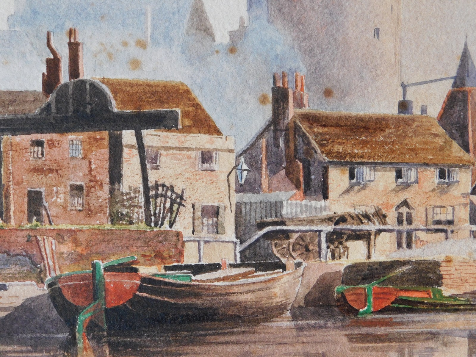 Antique John Heaton Original Watercolor British River Village Boats ca. 1885
