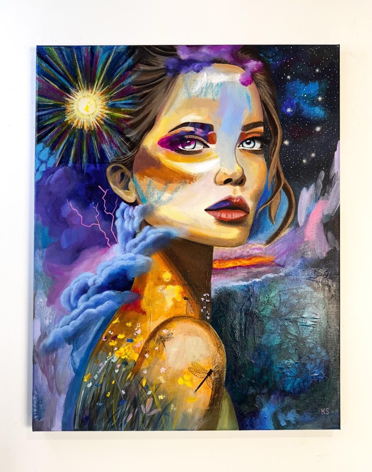 “In Her Element” Acrylic Oil Collage On Canvas 16”x20” Painting Woman Galaxy