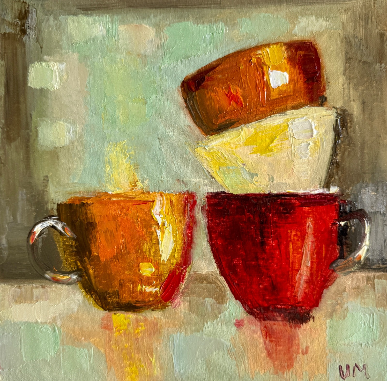Vintage Cups Oil Painting Original Abstract Still Life Canvas Kitchen Art Decor