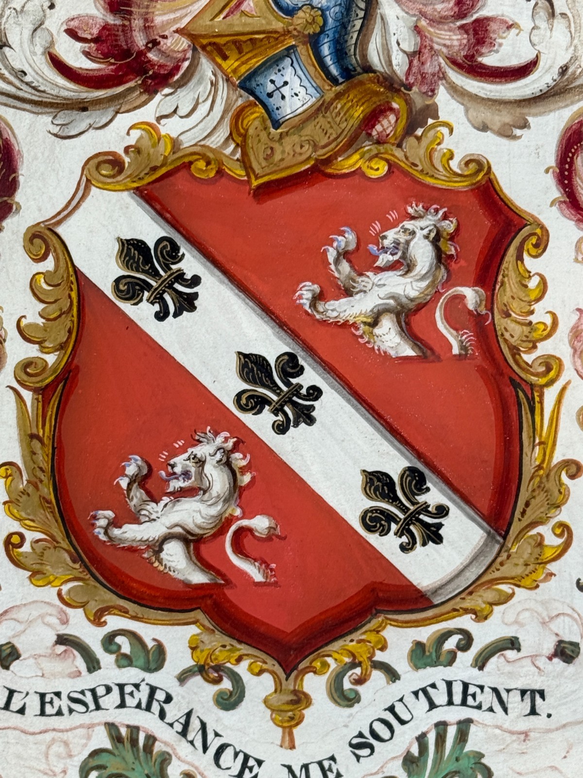 Heraldic Shield Painting on Vellum, Motto “L’Espérance Me Soutient,” 19th C