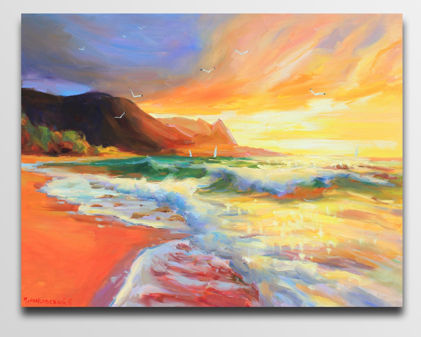 Sunset beach seascape Original painting Realism Oil on canvas by E Chernyakovsky