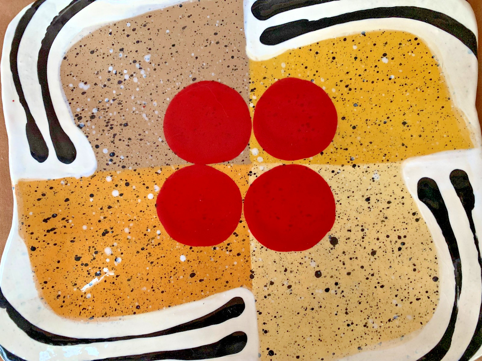 Listed Artist Jack Charney Mid Century Ceramic Tray Geometric Red Dots Ex Cond