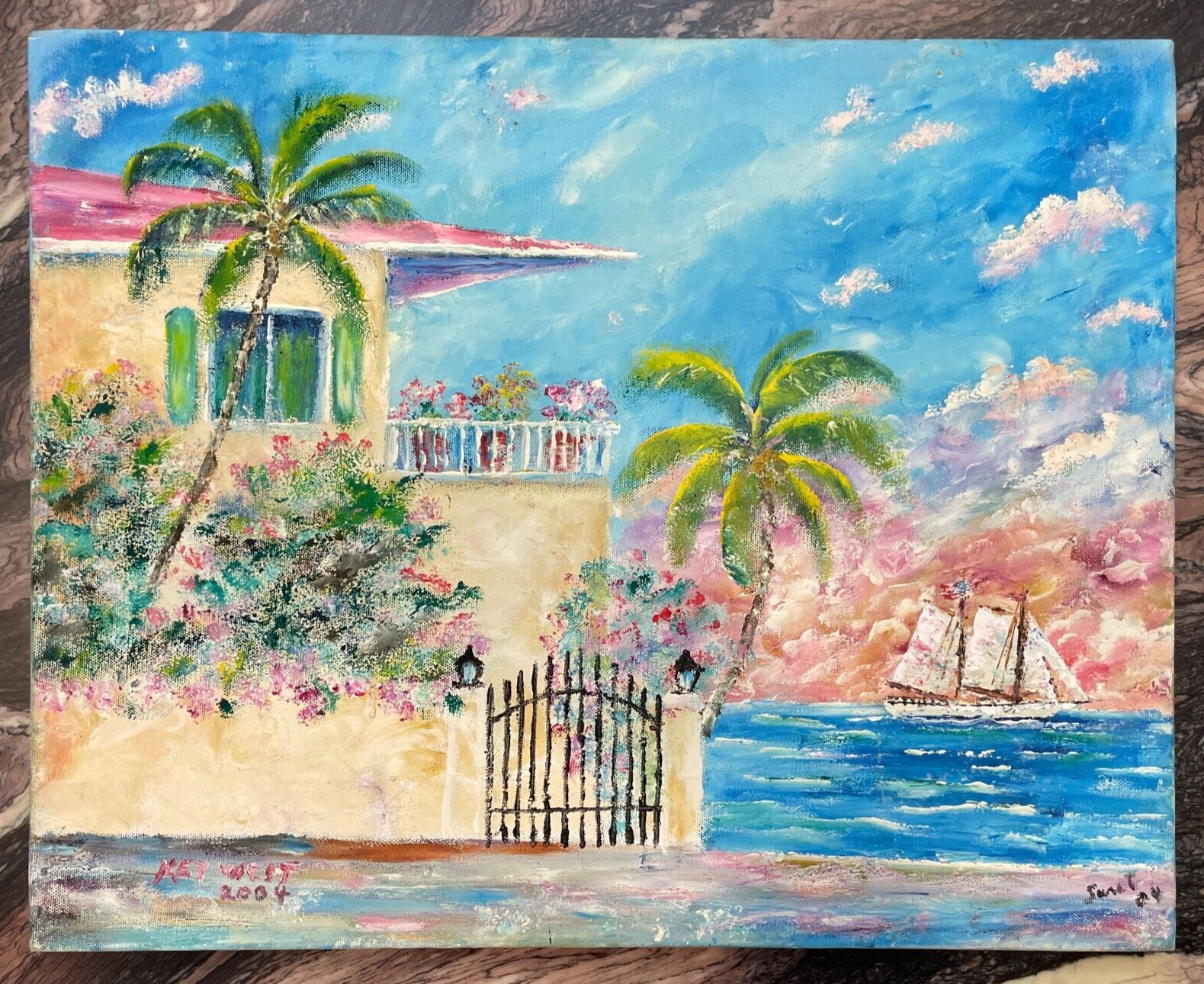 Original Key West 2004 Signed Painting on Canvas, House by the Water, 20″ x 16″
