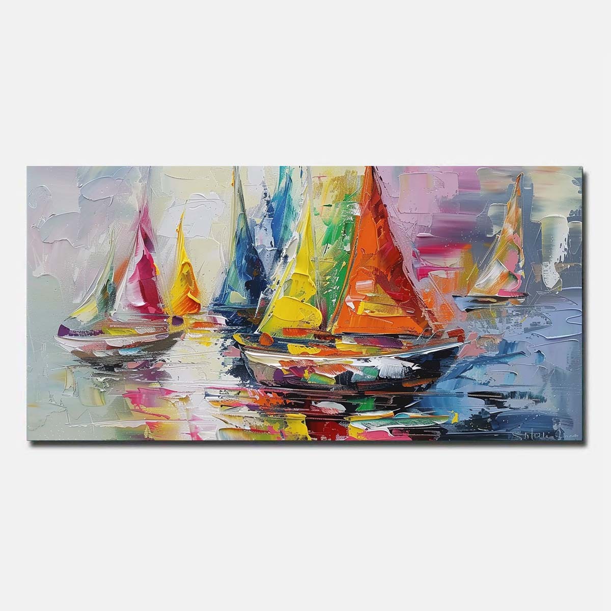 Abstract Red Hand Painted Oil Painting On Canvas Sailing boat Wall Art