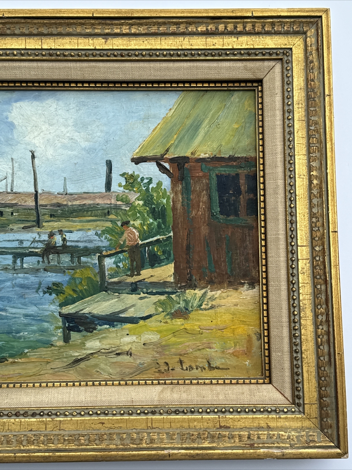 ANTIQUE PAINTING IMPRESSIONISM REGIONALISM MARINA NAUTICAL PORT BOAT DOCK OLD