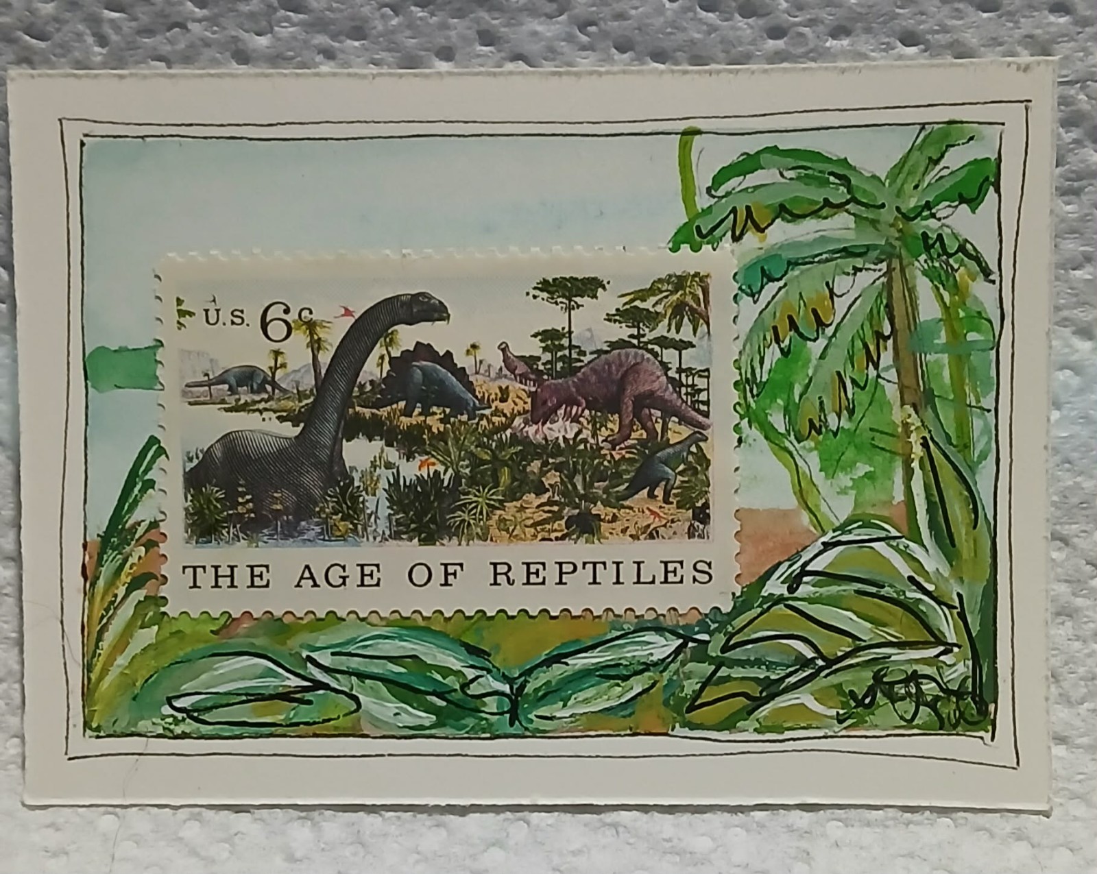 Postal Whimsy OOAK ACEO with 6¢ Age of Reptiles Stamp — Rainforest Art