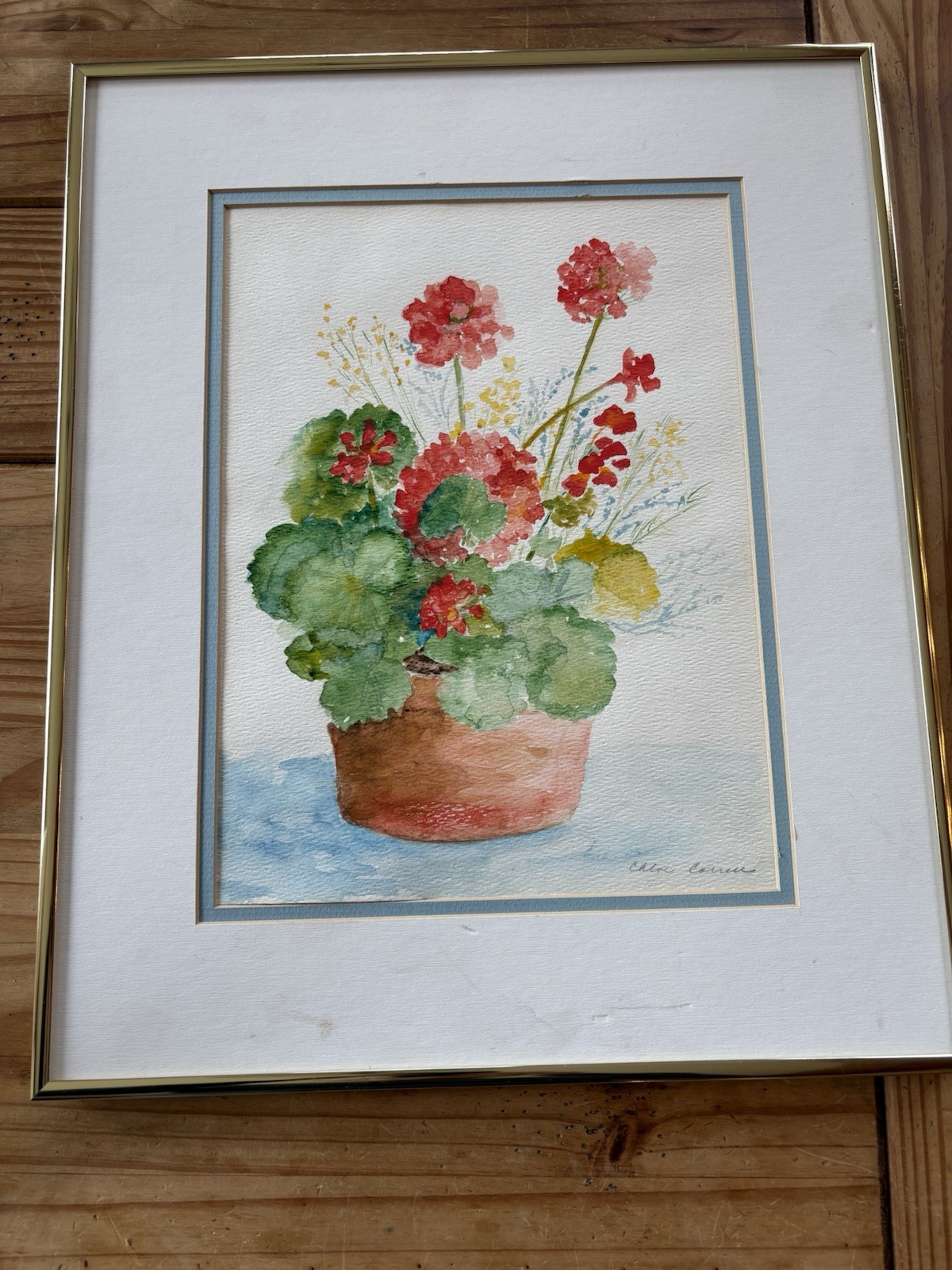 BEAUTIFUL ORIGINAL FRAMED GERANIUM WATERCOLOR PAINTING BY CHLOE CORRELL SIGNED