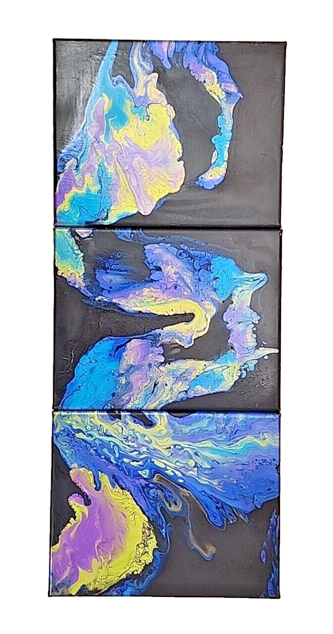 Acrylic Pour Painting Abstract Blue Purple Black 3 Paintings 10×8 Unframed OOAK