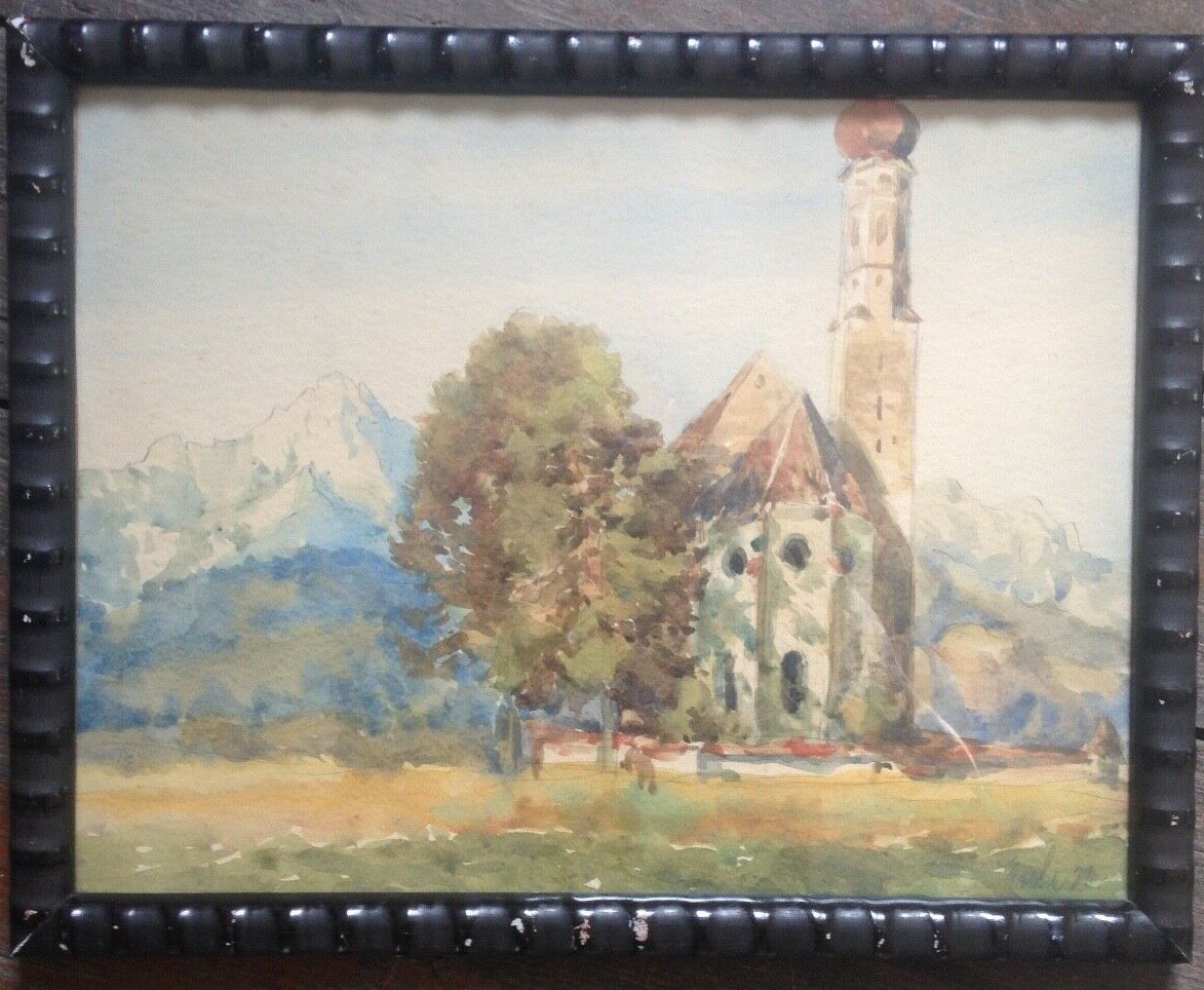 ANTIQUE RARE WATERCOLOR PAINTING SCHWANGAU FÜSSEN ALPS ST. COLOMAN CHURCH