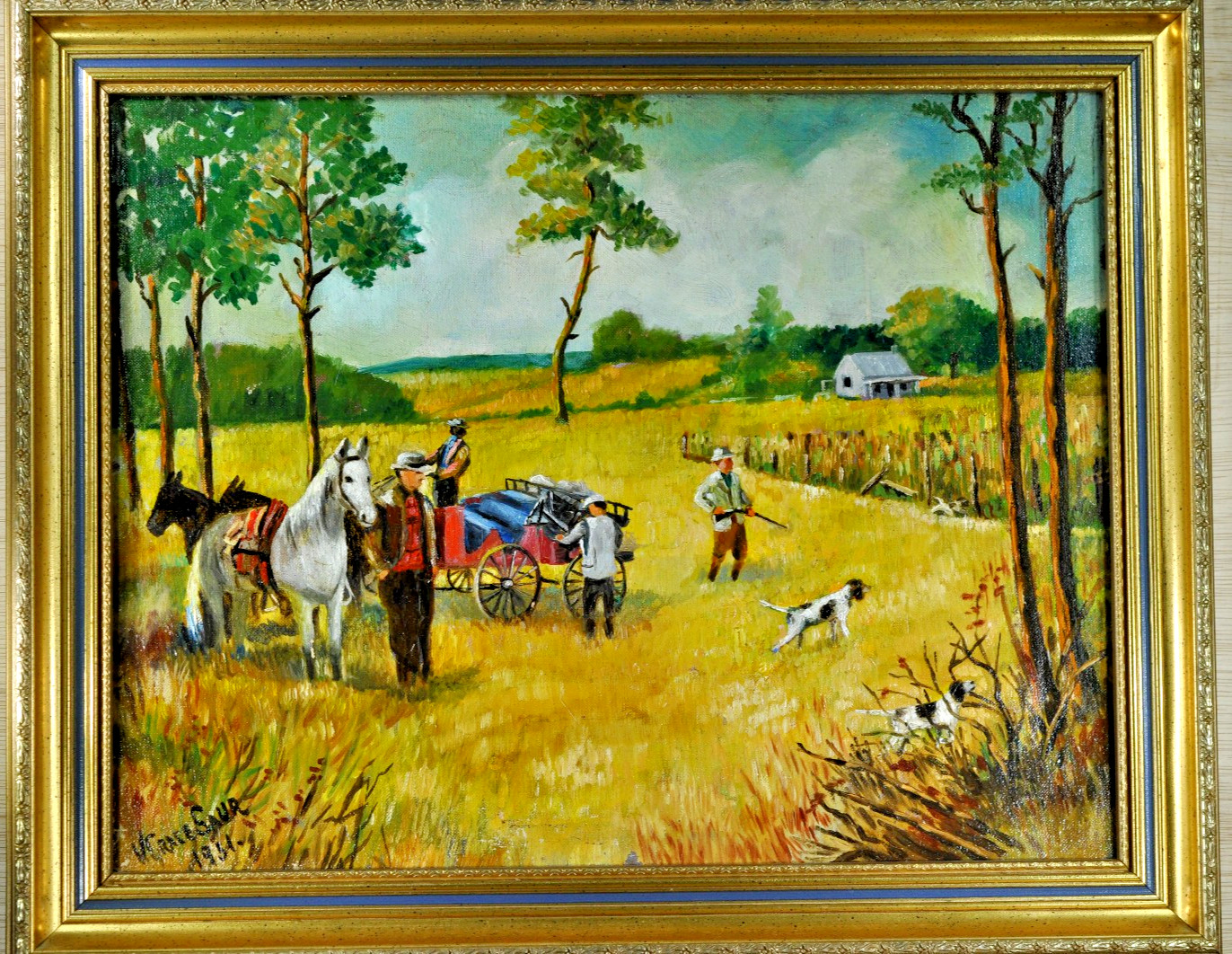 Vtg. Hunting Scene Oil Painting Country Landscape Signed V. Grace Saur 1951