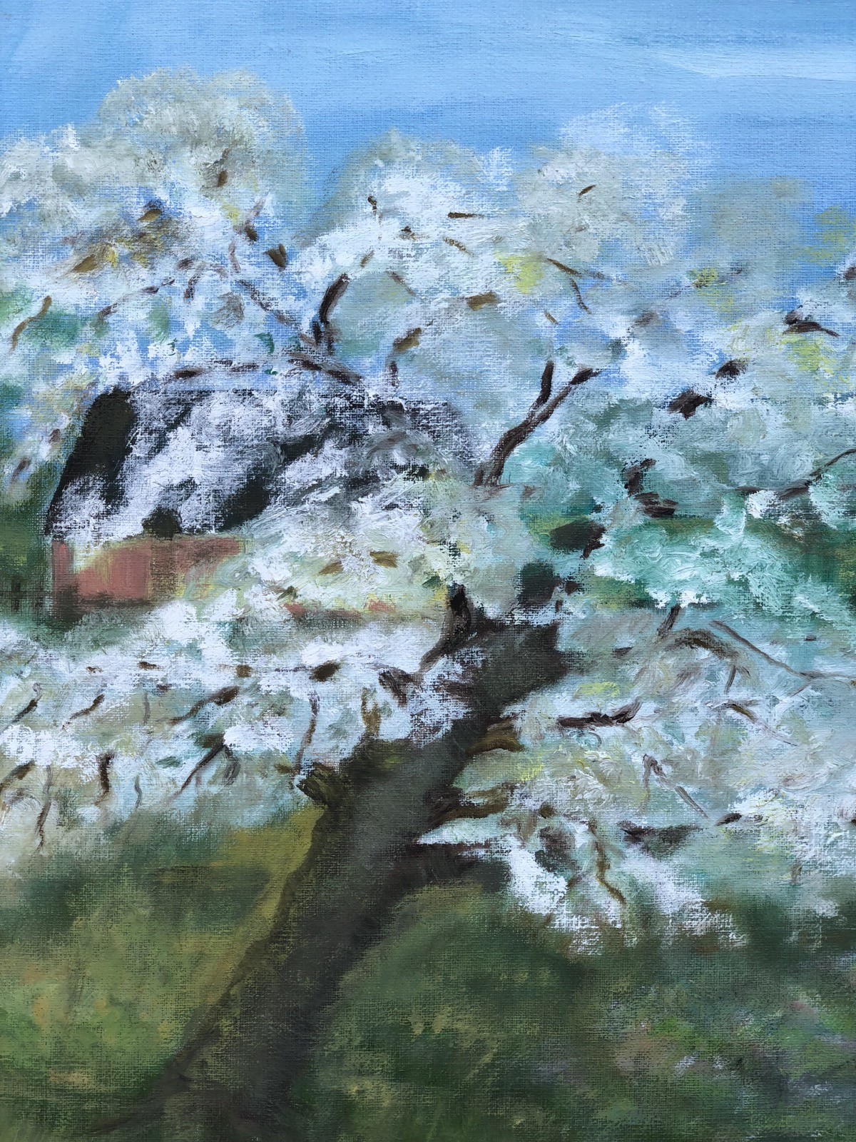 Unknown Painter – Landscape With Blooming Fruit Tree And Red House – 1989